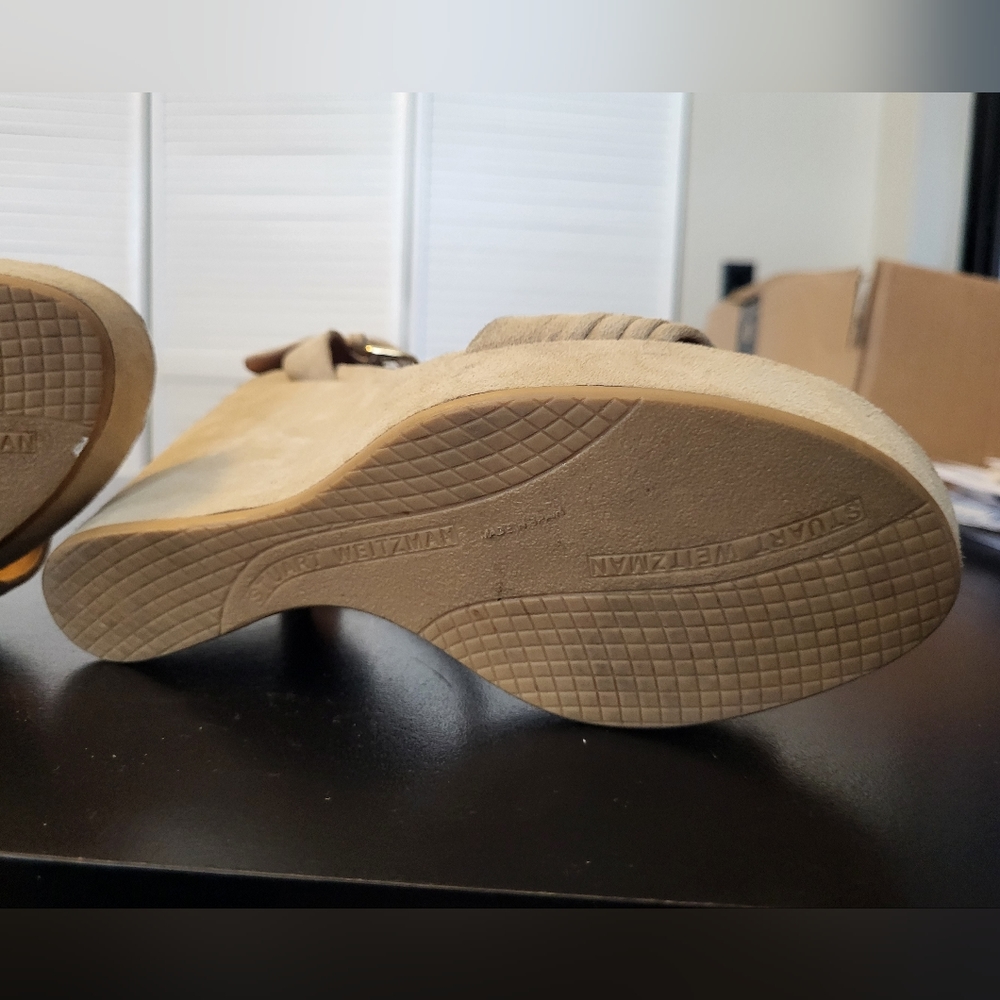 Stuart WeitzmanSundraped Suede Platform Wedge Sandals, Med. Beig - Picture 10 of 11
